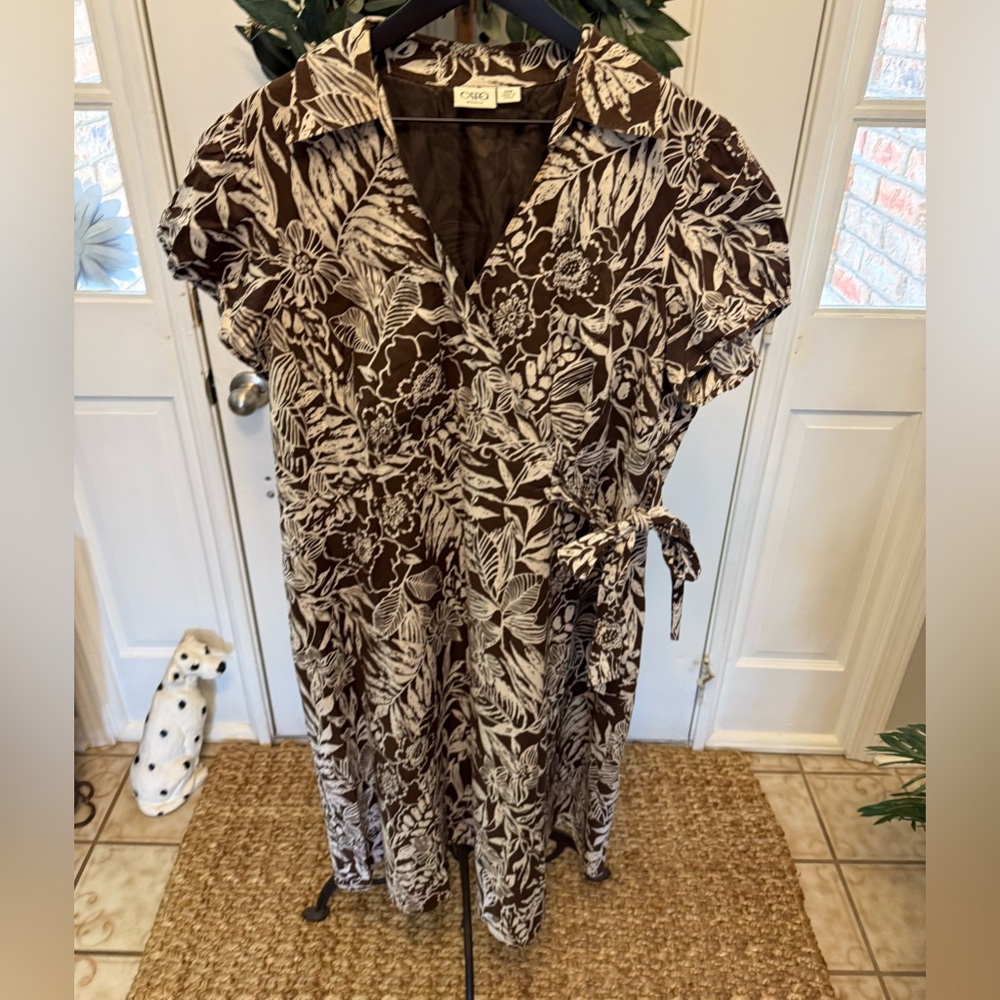 Cato Brown & White Large Floral Print Faux Wrap Midi Dress SS 22W